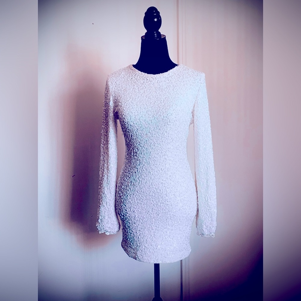 Rose dress white sequins, long sleeve, mini cocktail, party dress s